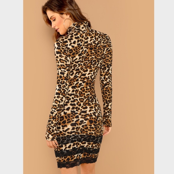 High Neck Leopard Print Lace Trim Pencil Dress - Picture 3 of 8